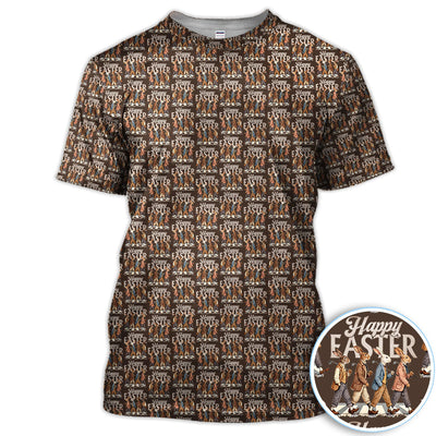 Happy Easter Retro Bunny Walk Pattern Men Polo Shirt, Vintage Easter Rabbit Pattern Shirt, Easter Gift
