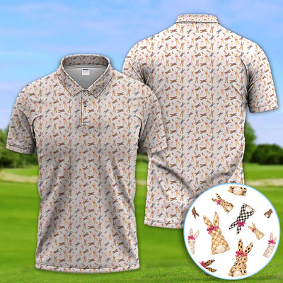 Bunny With Bow Pattern Polo Shirt, Cute Bunny Print Golf Shirt For Men, Golf Gift For Golfer