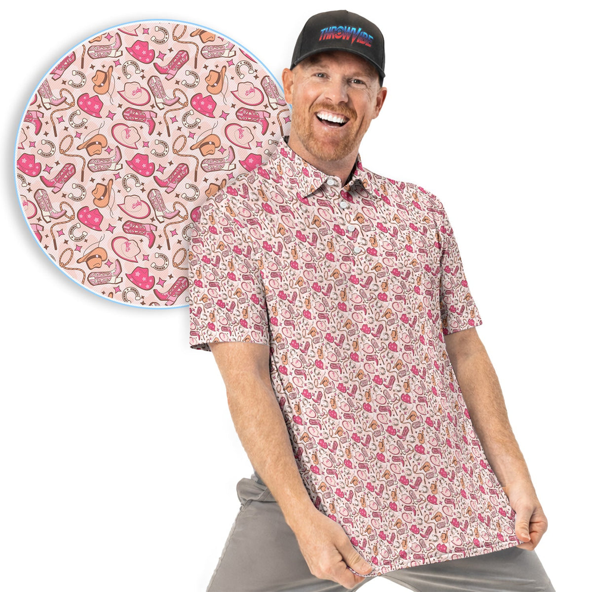 Pink Cowgirl Pattern Polo Shirt, Western Boots Hat Horseshoe Pattern Shirt, Cowgirl Lover Gift