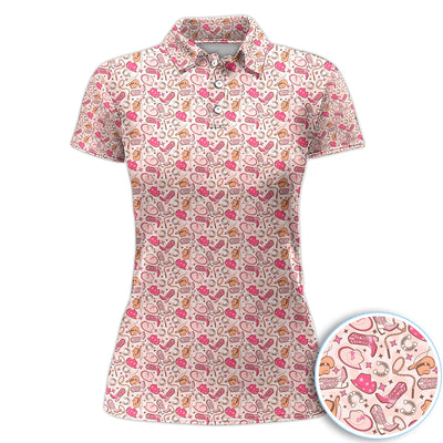 Pink Cowgirl Pattern Polo Shirt, Western Boots Hat Horseshoe Pattern Shirt, Cowgirl Lover Gift