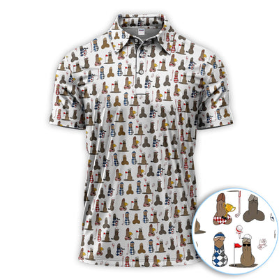Funny Golf Character Polo Shirt for Men, Cartoon Golf Lover Pattern Shirt, Gift for Golfer