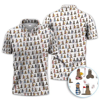 Funny Golf Character Polo Shirt for Men, Cartoon Golf Lover Pattern Shirt, Gift for Golfer