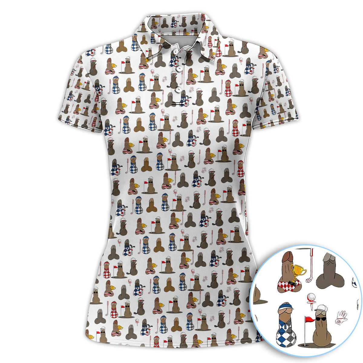 Funny Golf Character Polo Shirt for Men, Cartoon Golf Lover Pattern Shirt, Gift for Golfer