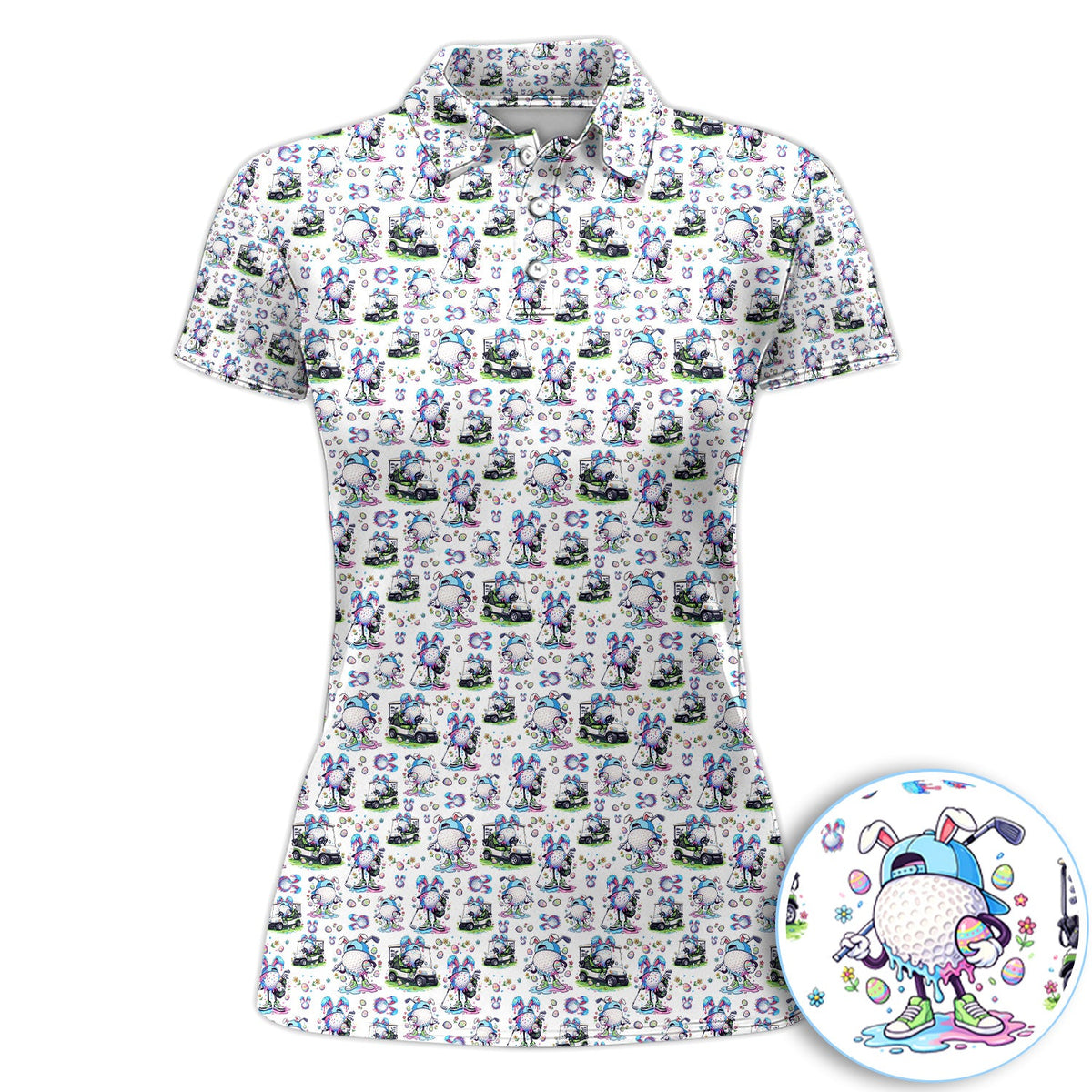 Easter Golf Bunny Pattern Polo Shirt, Colorful Easter Egg Golf Cart Pattern Shirt, Gift For Golfer
