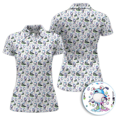 Easter Golf Bunny Pattern Polo Shirt, Colorful Easter Egg Golf Cart Pattern Shirt, Gift For Golfer