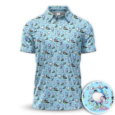 Easter Golf Bunny Pattern Polo Shirt, Colorful Easter Egg Golf Cart Pattern Shirt, Gift For Golfer