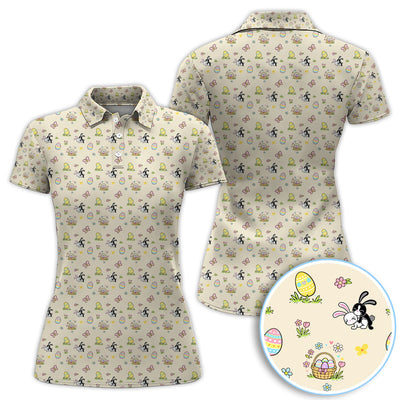 Easter Bunny Women Polo Shirt, Cute Bunny Easter Egg Basket Spring Pattern Shirt, Easter Gift
