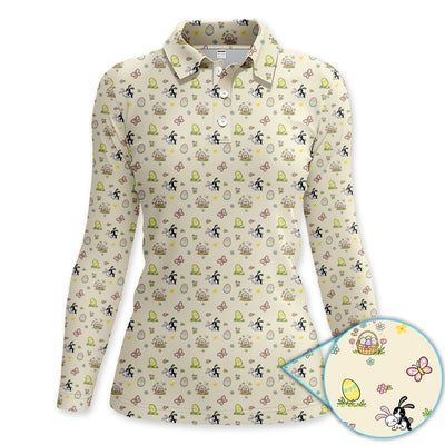 Easter Bunny Women Polo Shirt, Cute Bunny Easter Egg Basket Spring Pattern Shirt, Easter Gift