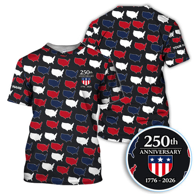 Personalized USA 250th Anniversary Shirt, Custom Name America Map Pattern For Men, Patriotic 1776–2026 Celebration Shirt