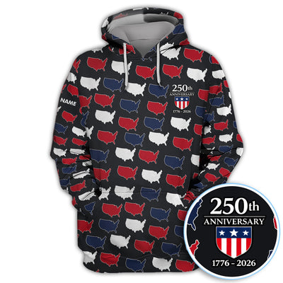 Personalized USA 250th Anniversary Shirt, Custom Name America Map Pattern For Men, Patriotic 1776–2026 Celebration Shirt