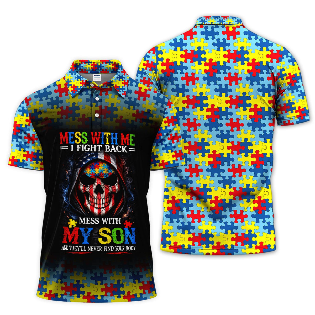 Autism Puzzle Skull Golf Polos, Autism Pattern Golf Shirt For Men, Father's Day Golf Gift