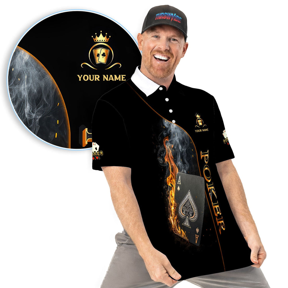 Personalized Poker Fire Ace Pattern Polo Shirt, Custom Name Shirt For Men, Golf Gift For Poker Lover