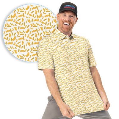 Mac And Cheese Pattern Golf Polos, Funny Macaroni Golf Shirt For Men, Crazy Golf Shirt