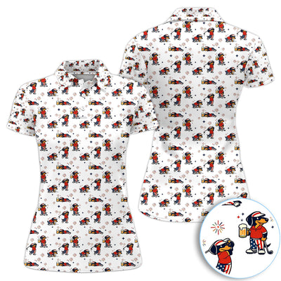 Funny Patriotic Golf Dog Polo Shirt, USA Dachshund Beer & Fireworks Pattern Shirt, 4th of July Golfer Gift For Women