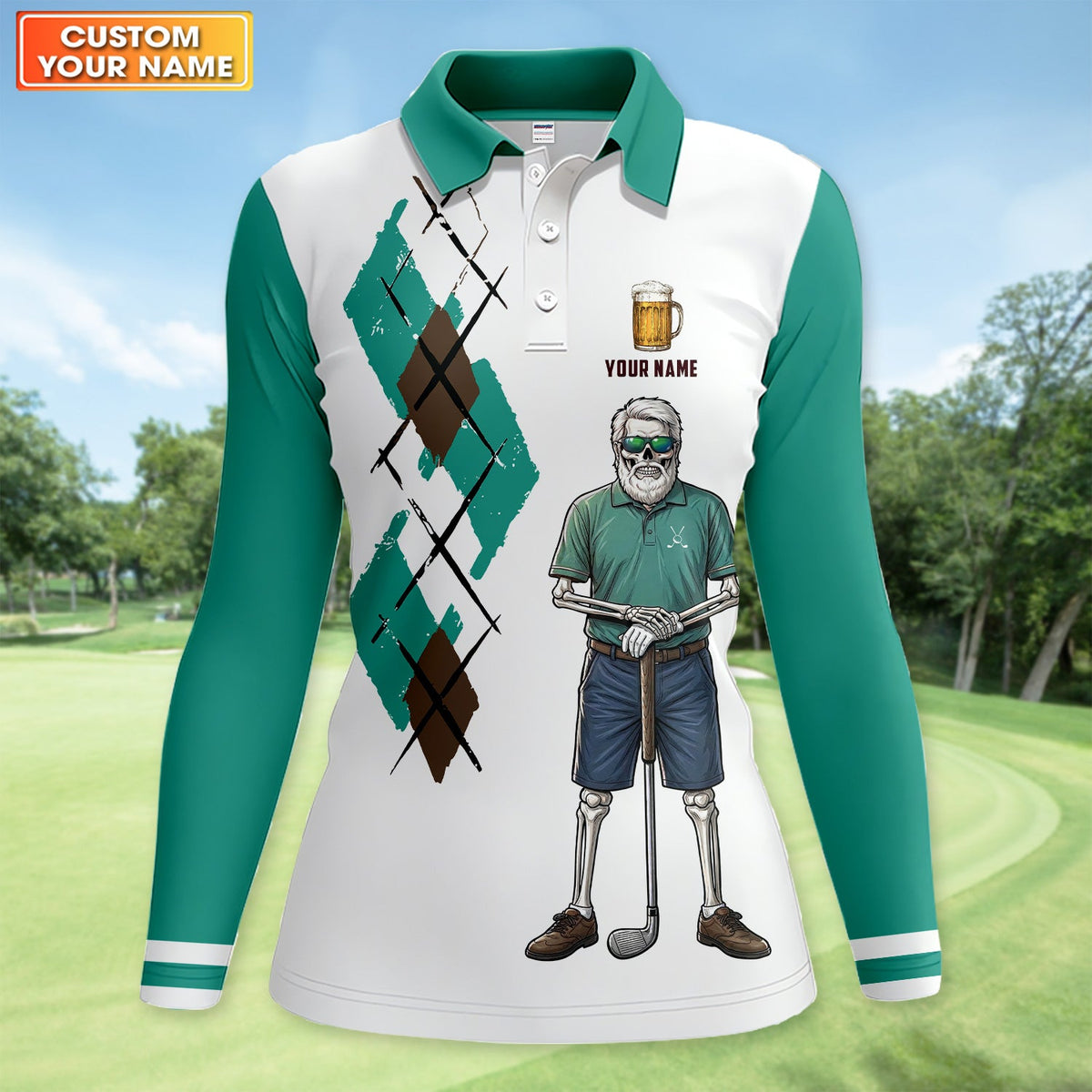 Personalized Funny Skull Golfer Pattern Golf Shirt, Skeleton Beer Golf Shirt For Women, Golf Lover Gift, Lady