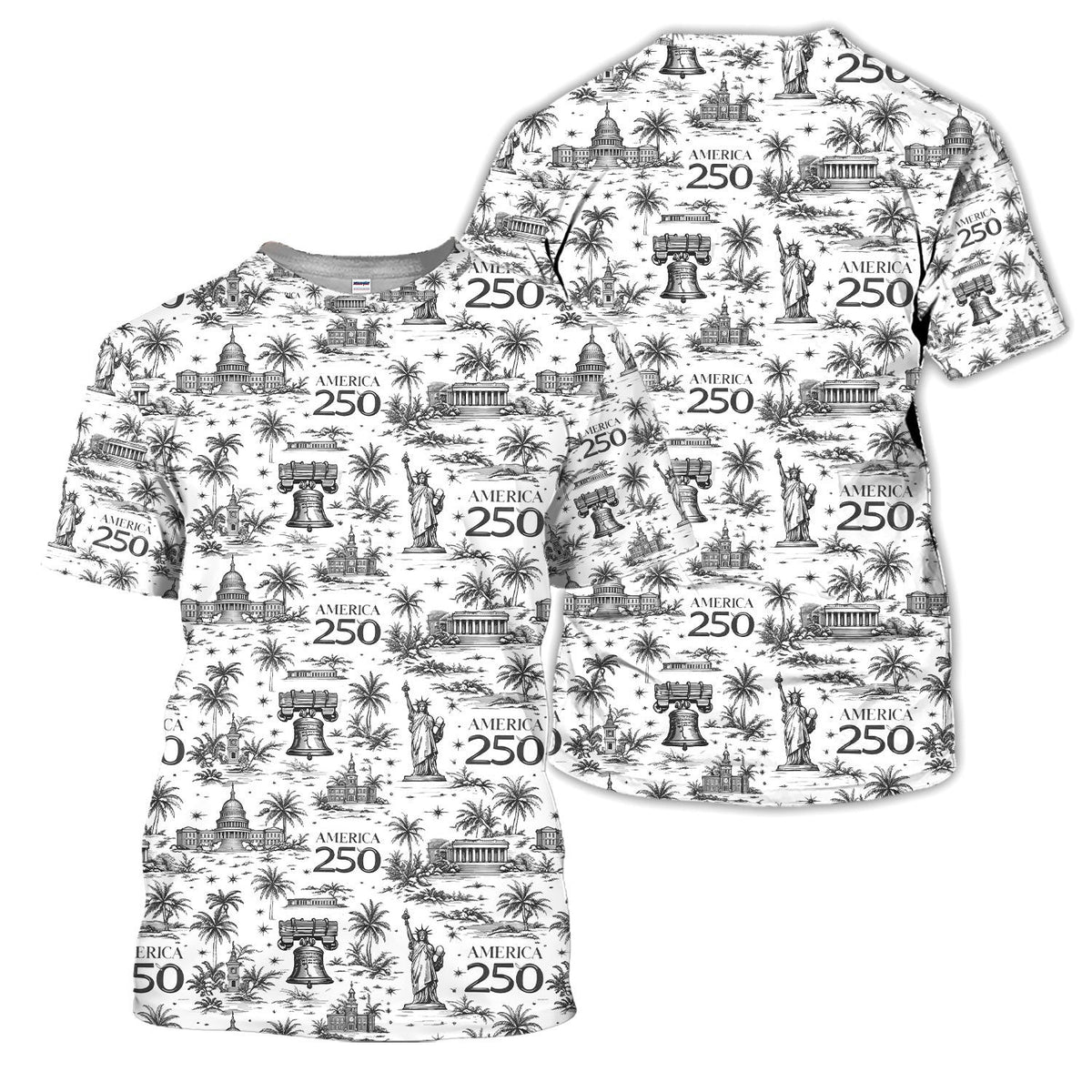 America 250 Golf Polo Shirt, Patriotic USA Landmark Print Polo For Men, Independence Day Shirt