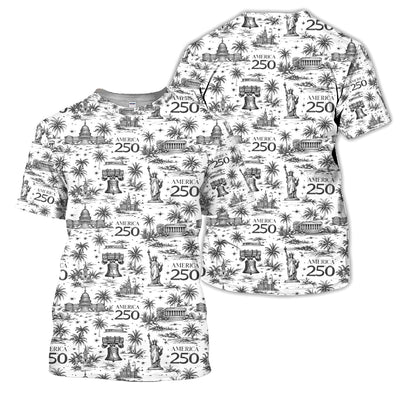 America 250 Golf Polo Shirt, Patriotic USA Landmark Print Polo For Men, Independence Day Shirt