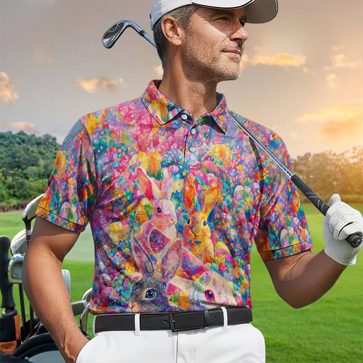 Colorful Bunny Easter Golf Polos, Easter Rabbit Golf Shirt For Men, Golf Gift For Golfer