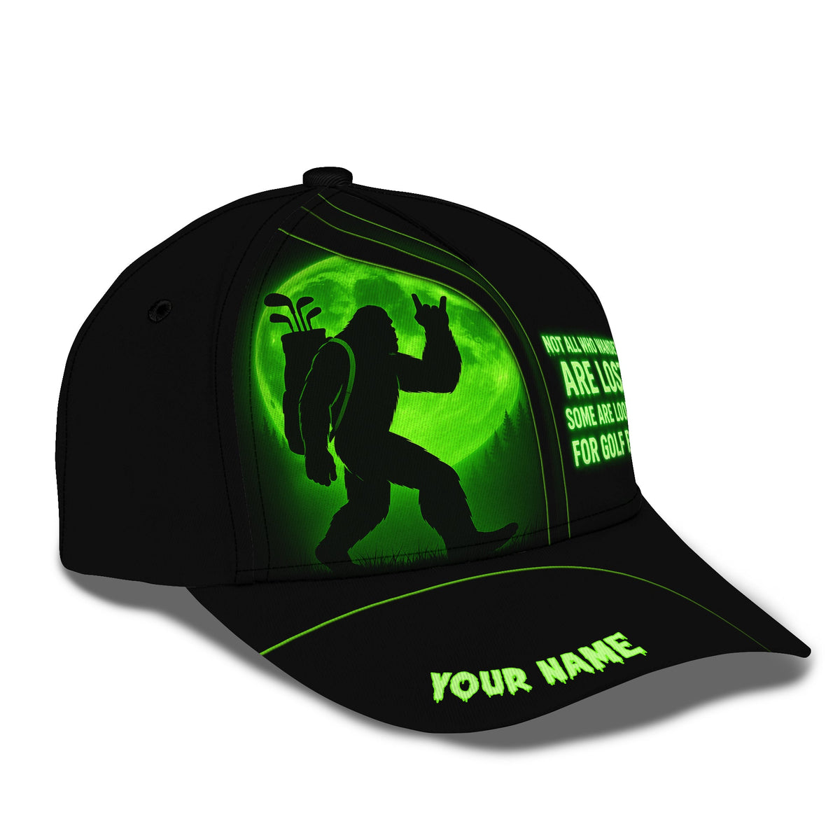 Not All Who Wander Are Lost Golf Squatch Hat, Custom Name Funny Golf Cap, Bigfoot Golf Hat