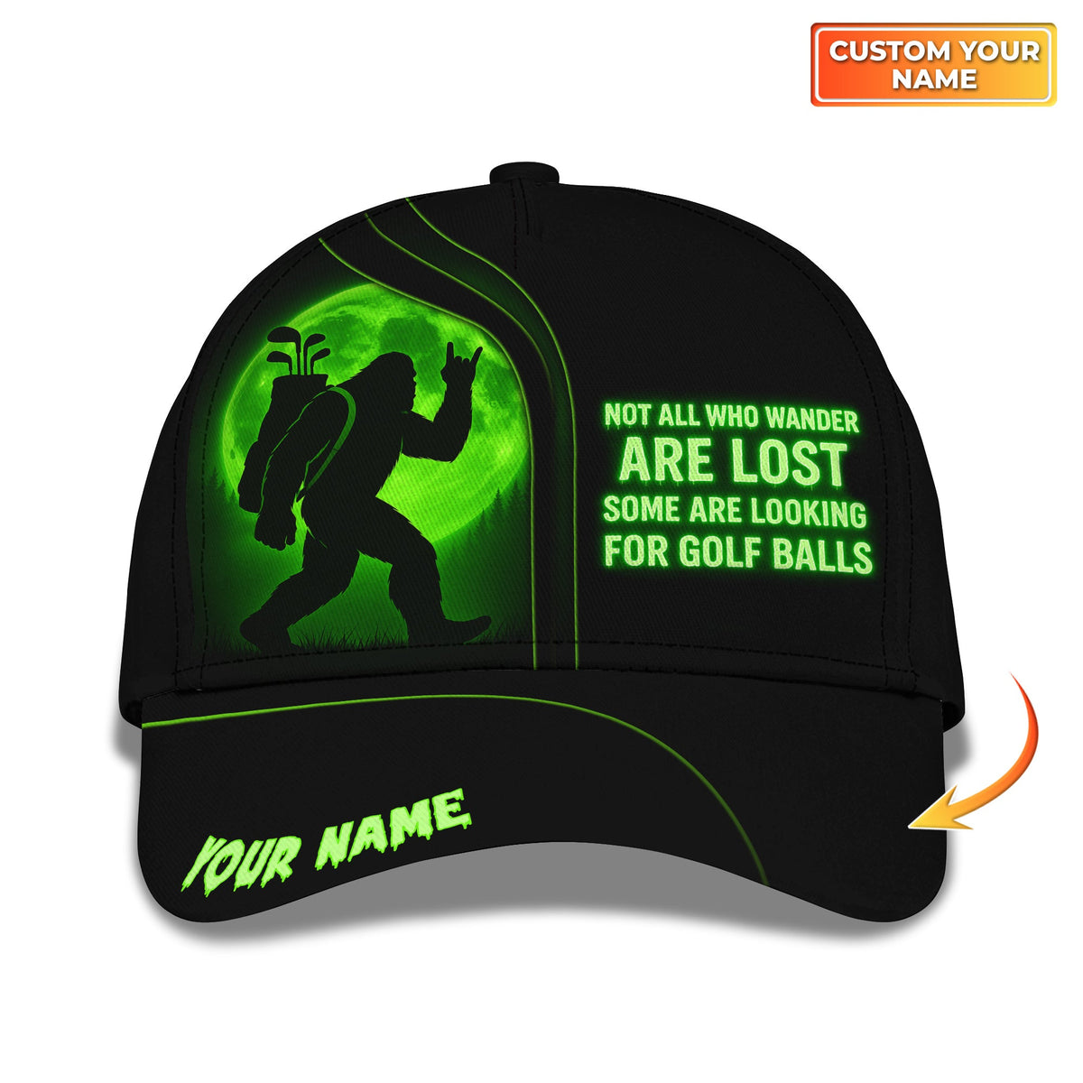 Not All Who Wander Are Lost Golf Squatch Hat, Custom Name Funny Golf Cap, Bigfoot Golf Hat