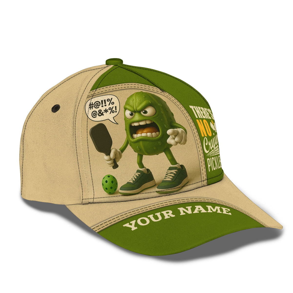 There’s No Crying in Pickleball Hat, Angry Pickleball Character Cap With Custom Name, Funny Pickleball Player Gift