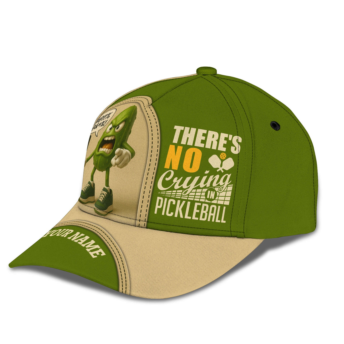 There’s No Crying in Pickleball Hat, Angry Pickleball Character Cap With Custom Name, Funny Pickleball Player Gift