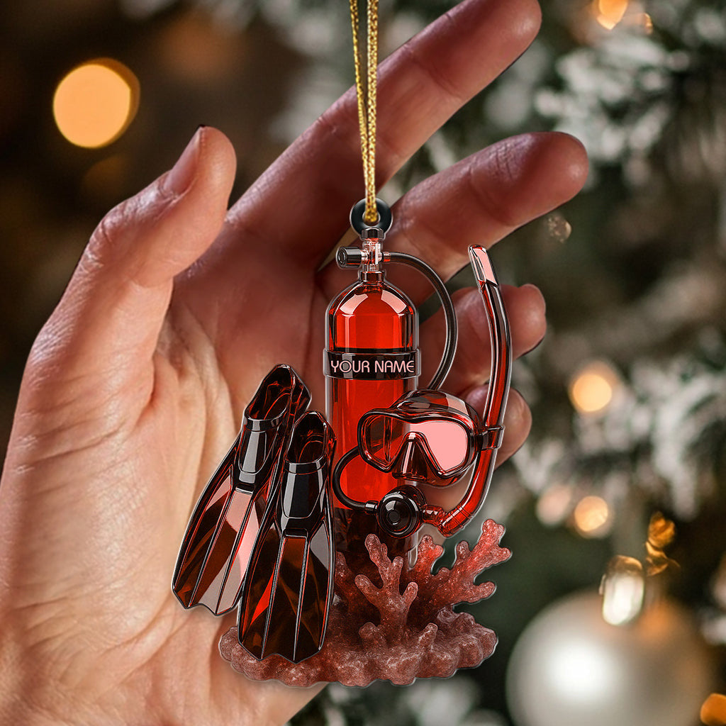 Personalized Scuba Diving Christmas Ornament – Custom Name Snorkel & Dive Gear Holiday Decor – Unique Ocean Diver Tree Ornament Gift