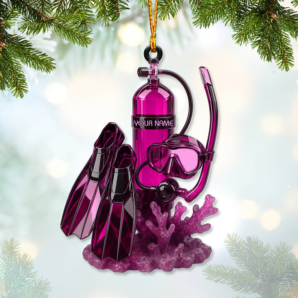 Personalized Scuba Diving Christmas Ornament – Custom Name Snorkel & Dive Gear Holiday Decor – Unique Ocean Diver Tree Ornament Gift