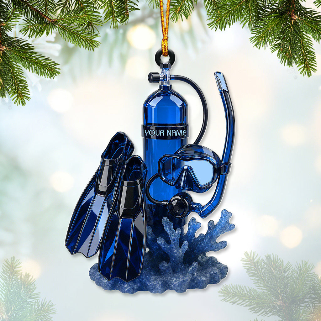 Personalized Scuba Diving Christmas Ornament – Custom Name Snorkel & Dive Gear Holiday Decor – Unique Ocean Diver Tree Ornament Gift