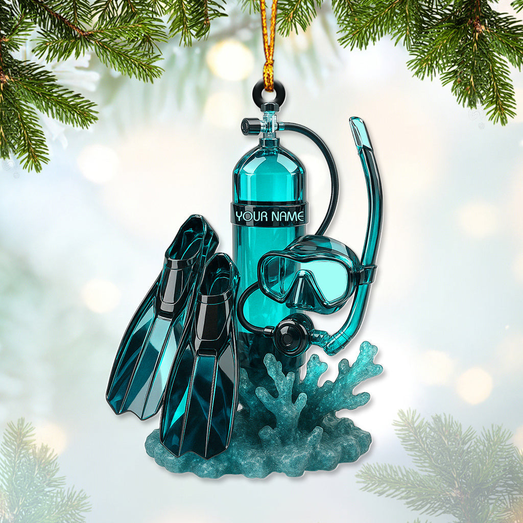 Personalized Scuba Diving Christmas Ornament – Custom Name Snorkel & Dive Gear Holiday Decor – Unique Ocean Diver Tree Ornament Gift
