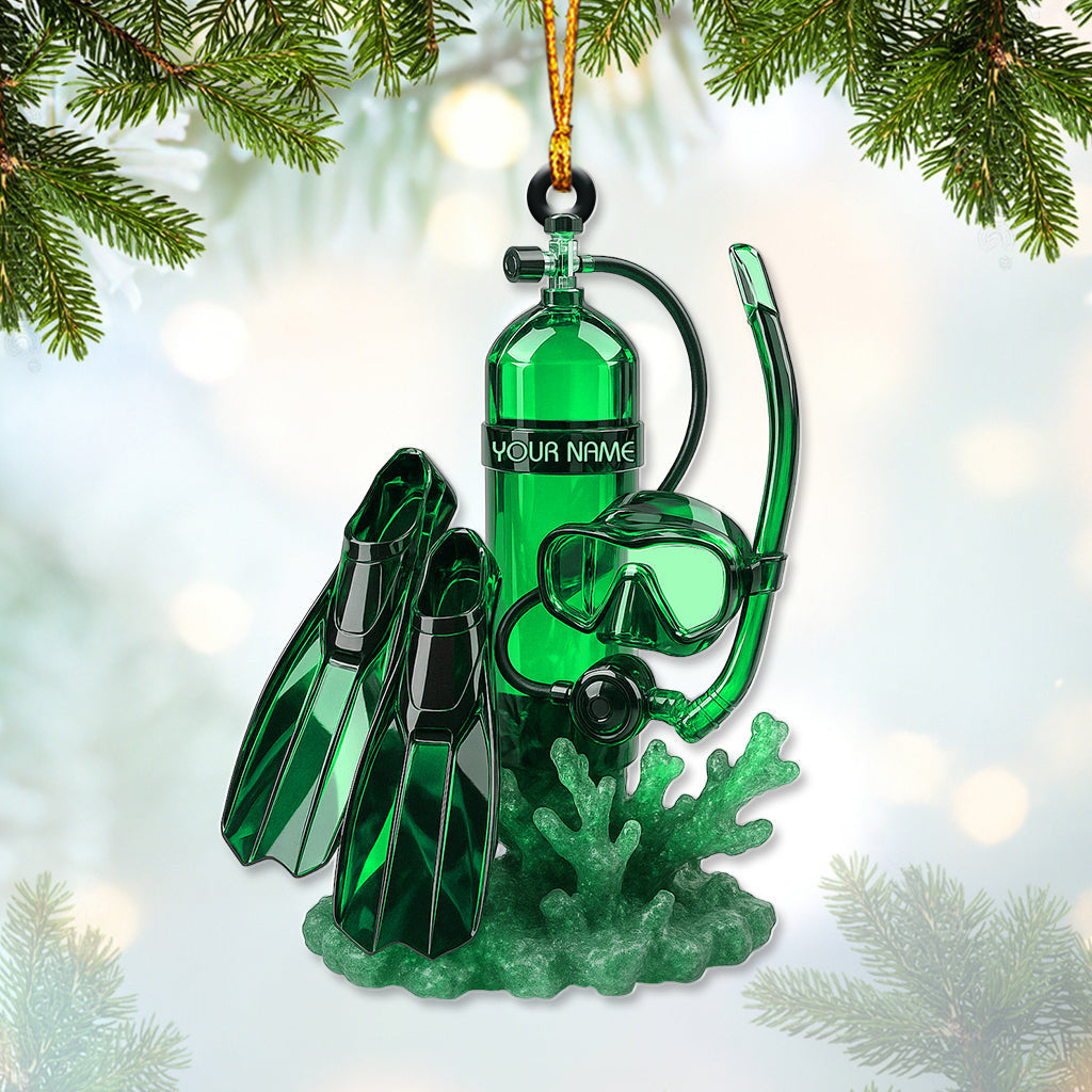 Personalized Scuba Diving Christmas Ornament – Custom Name Snorkel & Dive Gear Holiday Decor – Unique Ocean Diver Tree Ornament Gift