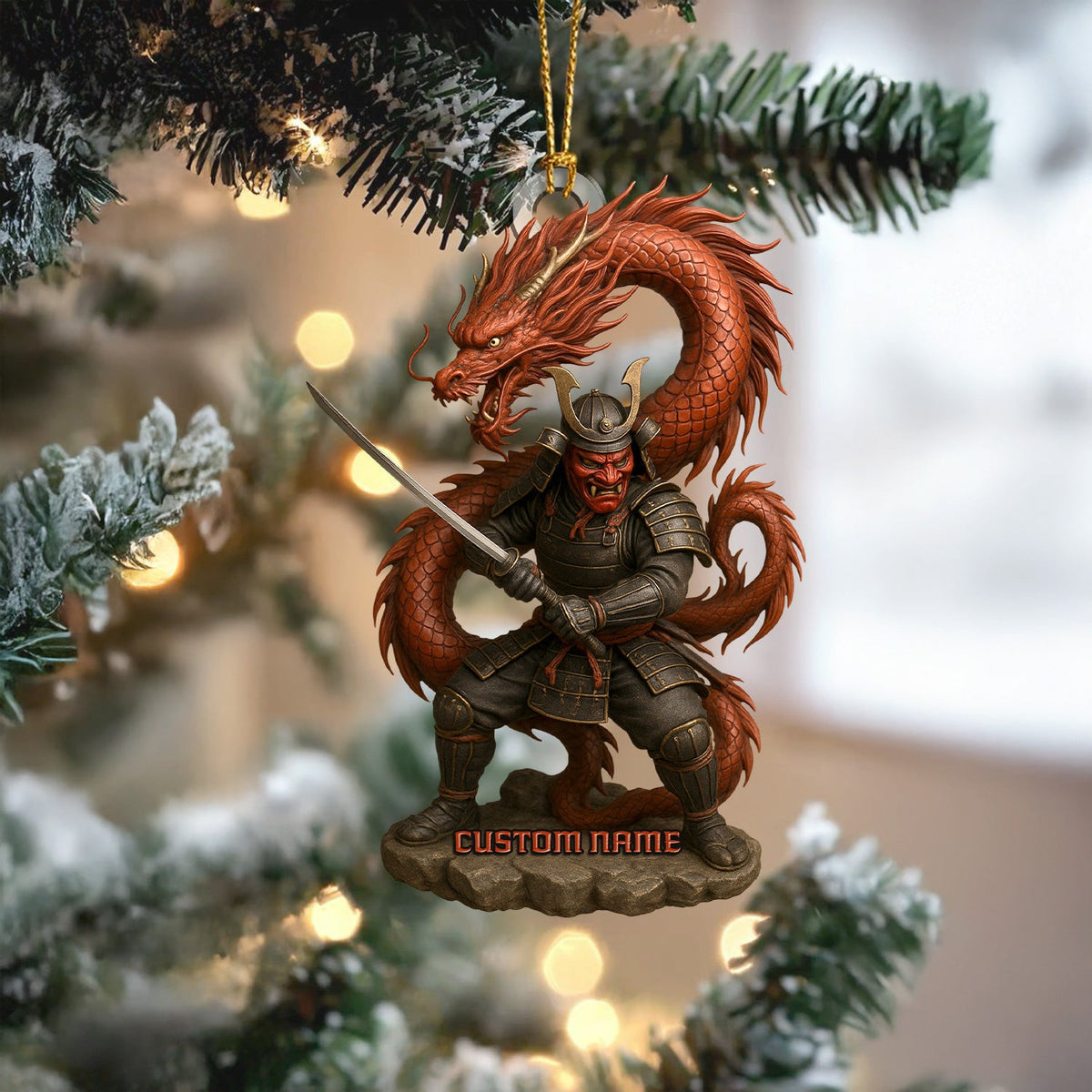 Personalized Samurai Warrior With Dragon Christmas Ornament, Custom Name Samurai Decor, Unique Warrior Holiday Gift
