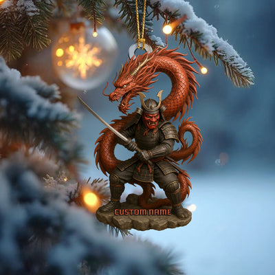 Personalized Samurai Warrior With Dragon Christmas Ornament, Custom Name Samurai Decor, Unique Warrior Holiday Gift