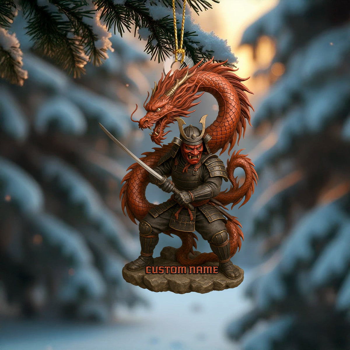 Personalized Samurai Warrior With Dragon Christmas Ornament, Custom Name Samurai Decor, Unique Warrior Holiday Gift