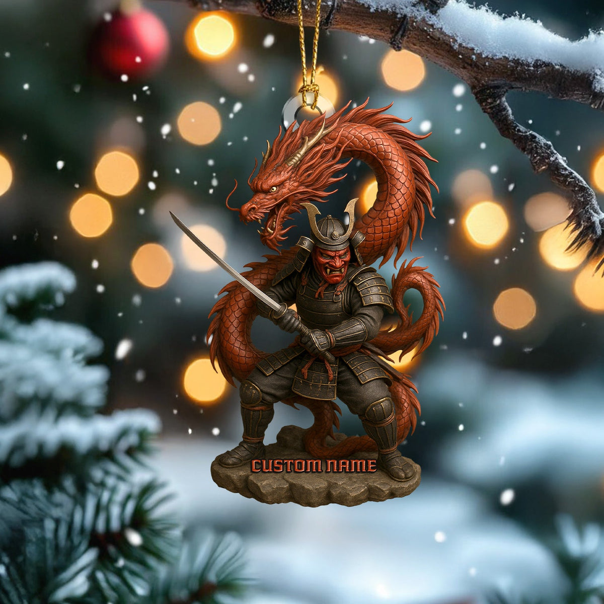 Personalized Samurai Warrior With Dragon Christmas Ornament, Custom Name Samurai Decor, Unique Warrior Holiday Gift