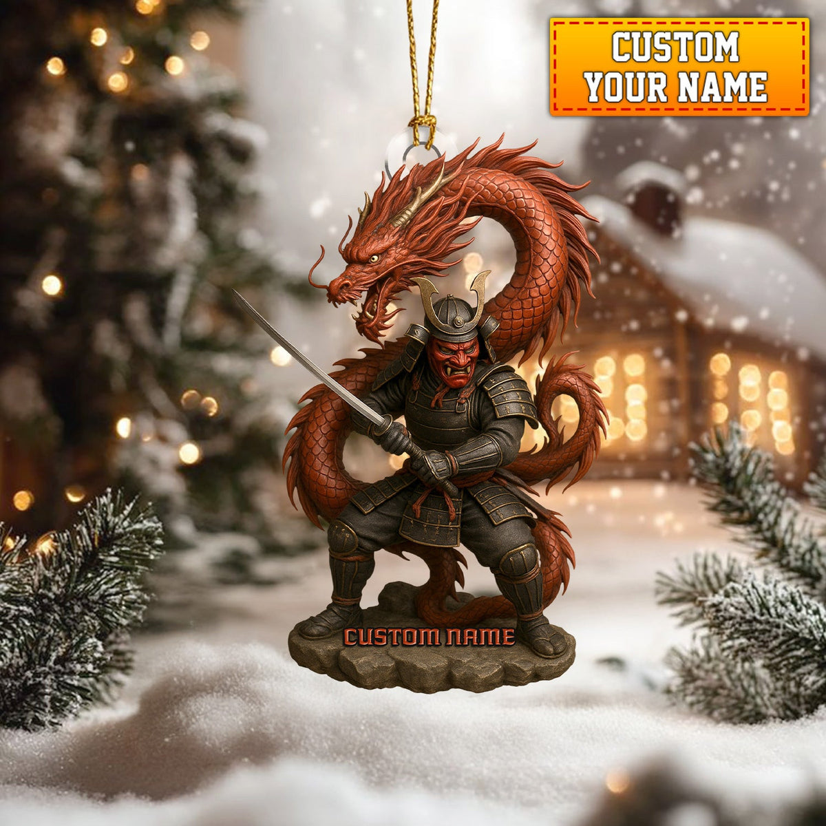 Personalized Samurai Warrior With Dragon Christmas Ornament, Custom Name Samurai Decor, Unique Warrior Holiday Gift