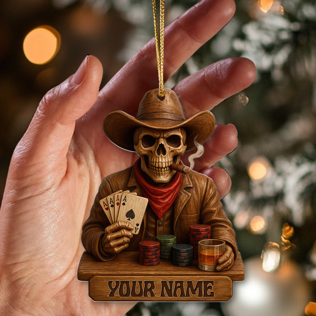 Personalized Cowboy Skull Poker Ornament, Custom Name Western Gambler Christmas Decor, Skeleton Card Player Gift for Poker Lovers
