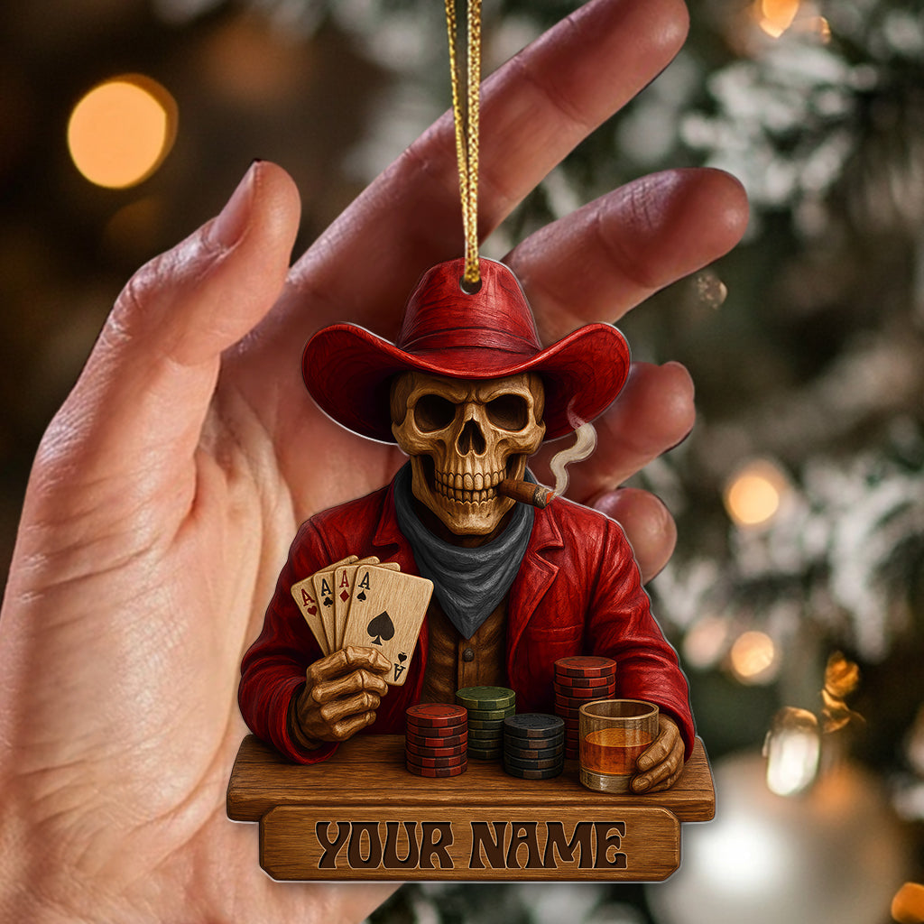Personalized Cowboy Skull Poker Ornament, Custom Name Western Gambler Christmas Decor, Skeleton Card Player Gift for Poker Lovers