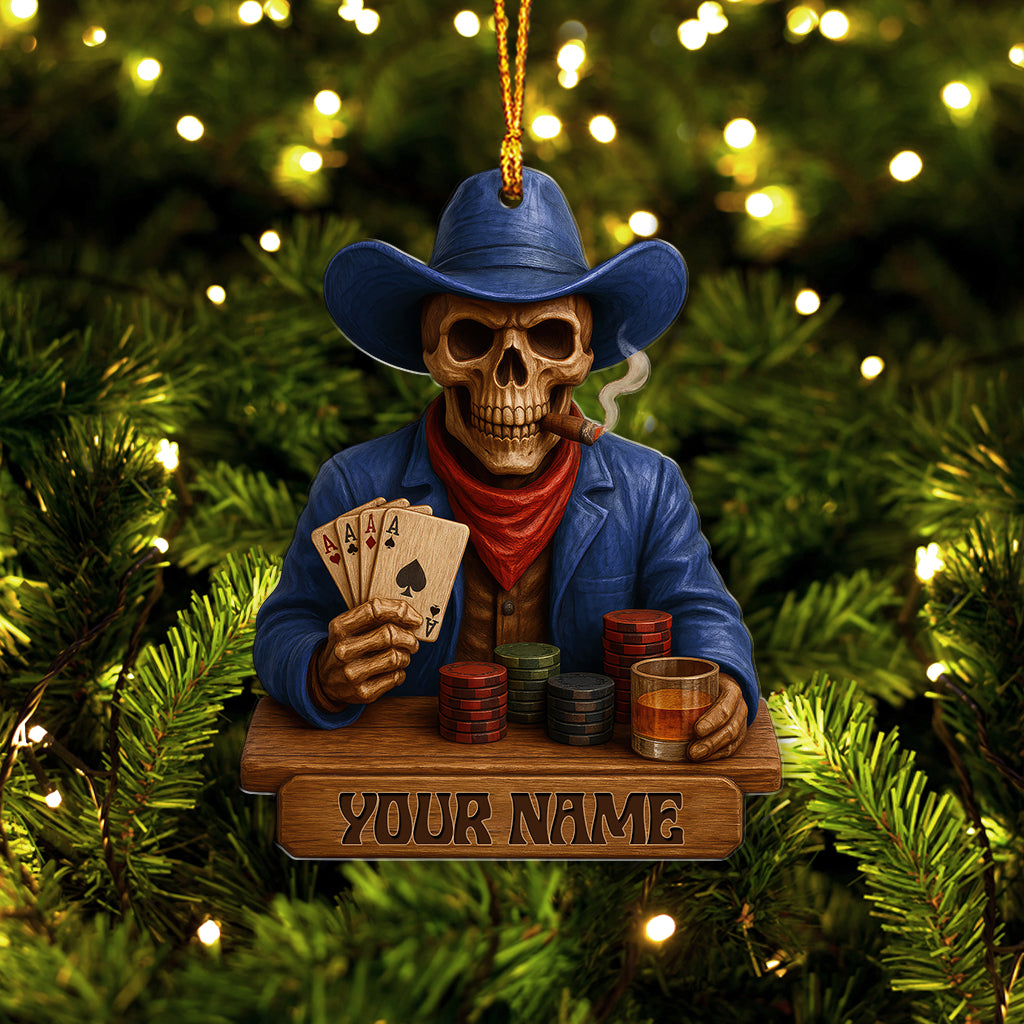 Personalized Cowboy Skull Poker Ornament, Custom Name Western Gambler Christmas Decor, Skeleton Card Player Gift for Poker Lovers