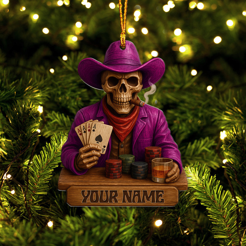 Personalized Cowboy Skull Poker Ornament, Custom Name Western Gambler Christmas Decor, Skeleton Card Player Gift for Poker Lovers