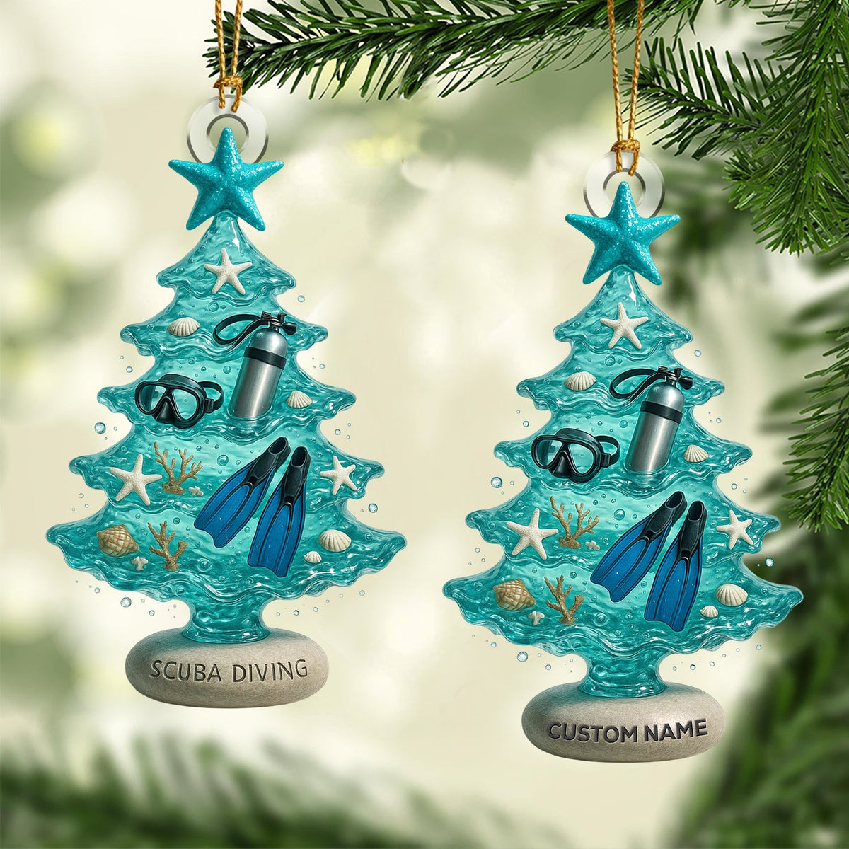 Personalized Scuba Diving Christmas Tree Ornament – Ocean Diver Holiday Tree Decor – Custom Name Underwater Diving Gear Ornament for Beach & Sea Lovers