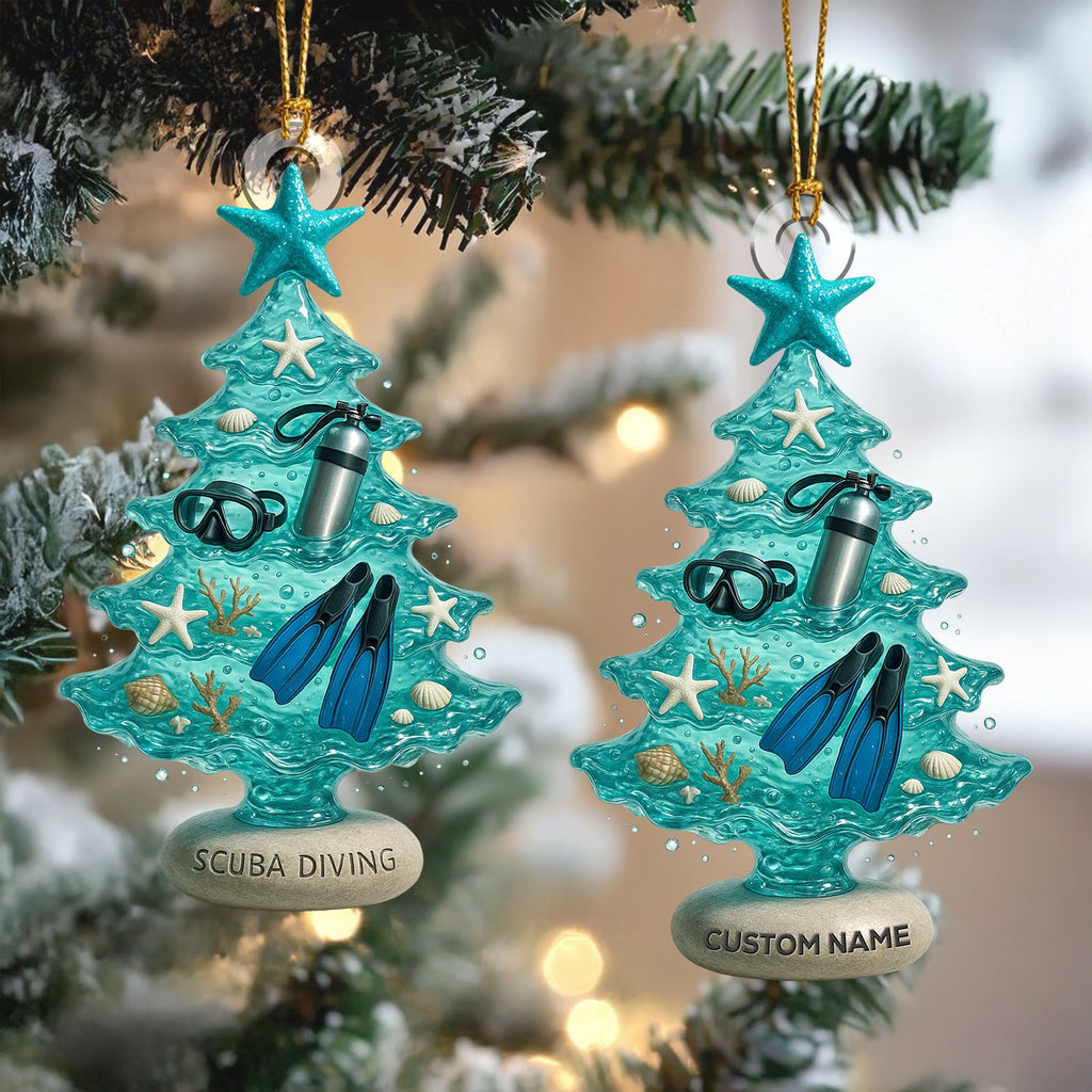 Personalized Scuba Diving Christmas Tree Ornament – Ocean Diver Holiday Tree Decor – Custom Name Underwater Diving Gear Ornament for Beach & Sea Lovers