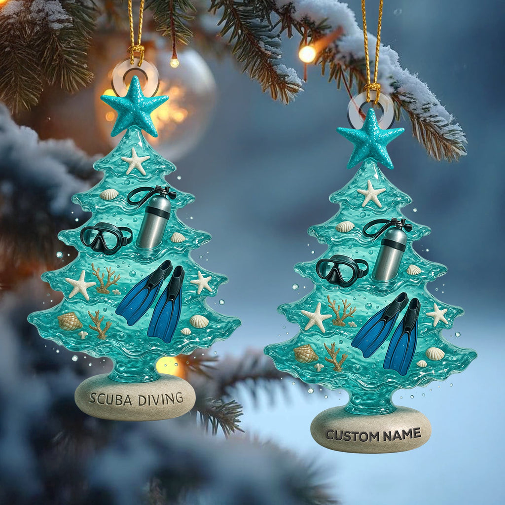 Personalized Scuba Diving Christmas Tree Ornament – Ocean Diver Holiday Tree Decor – Custom Name Underwater Diving Gear Ornament for Beach & Sea Lovers