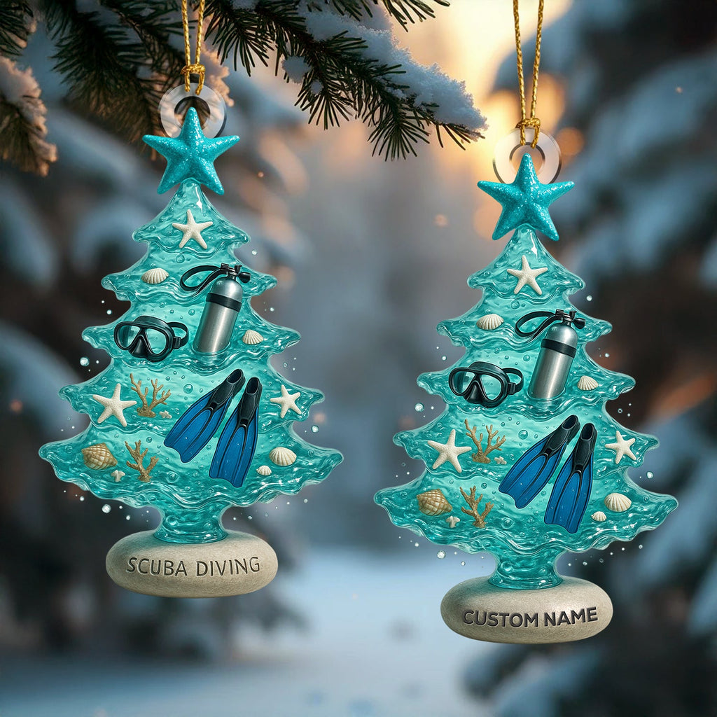 Personalized Scuba Diving Christmas Tree Ornament – Ocean Diver Holiday Tree Decor – Custom Name Underwater Diving Gear Ornament for Beach & Sea Lovers