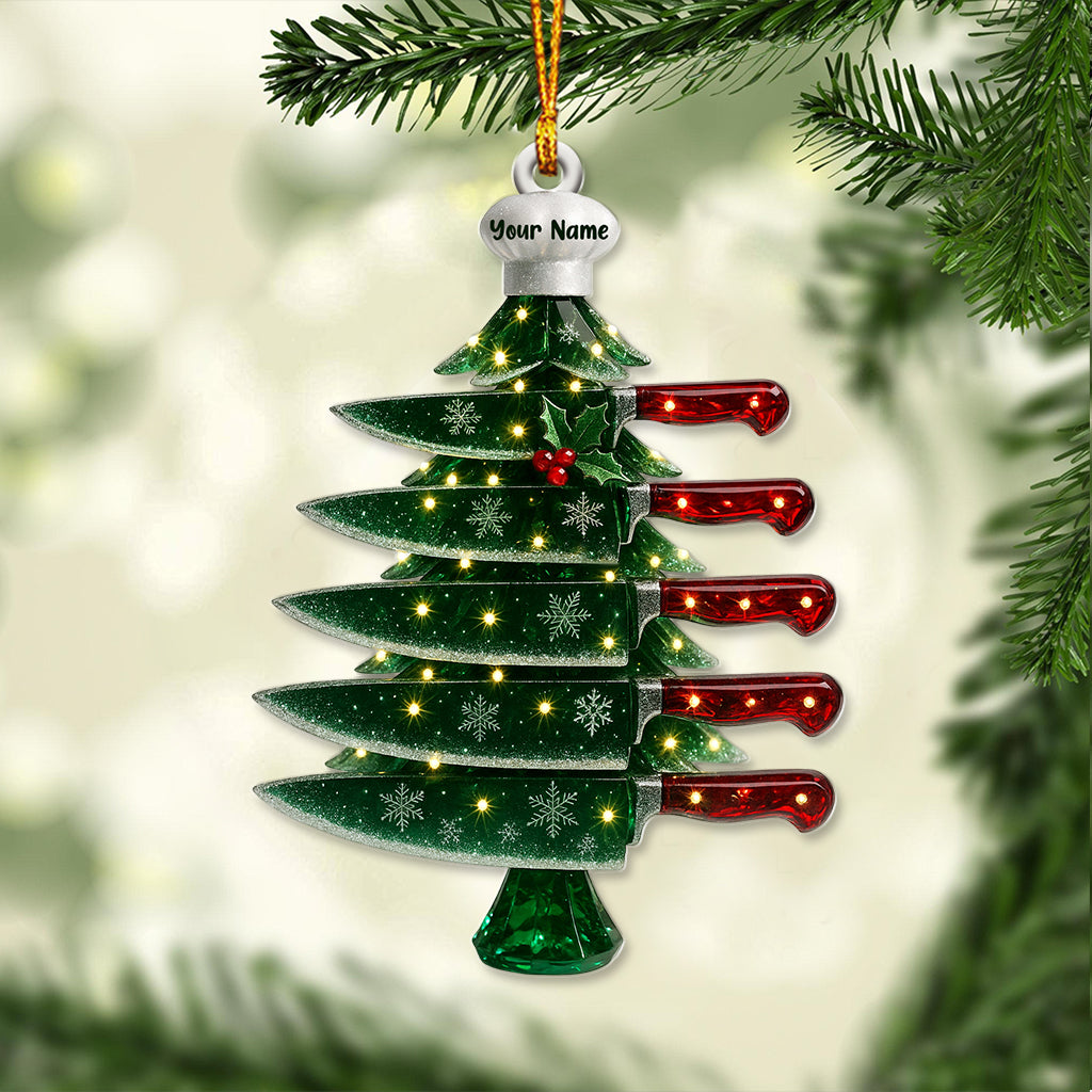 Personalized Chef Knife Christmas Tree Ornament – Custom Name Culinary Blade Holiday Decor – Unique Cooking & Kitchen Ornament Gift