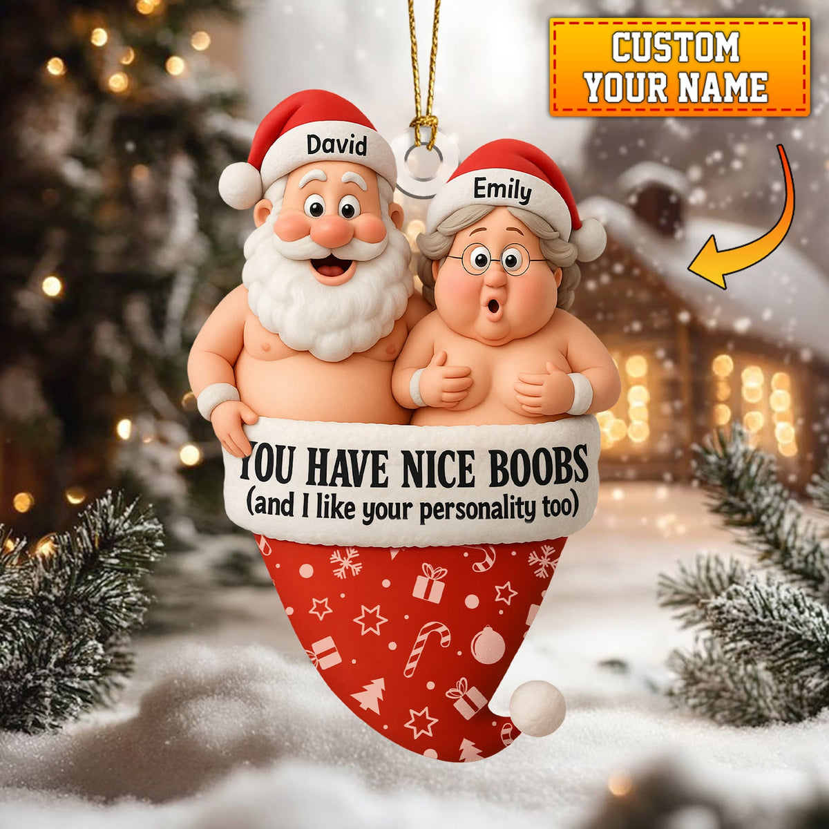 Personalized Funny Couple Christmas Ornament, Custom Name Santa And Wife Ornament, You Have Nice Boobs Humor Gift For Couple