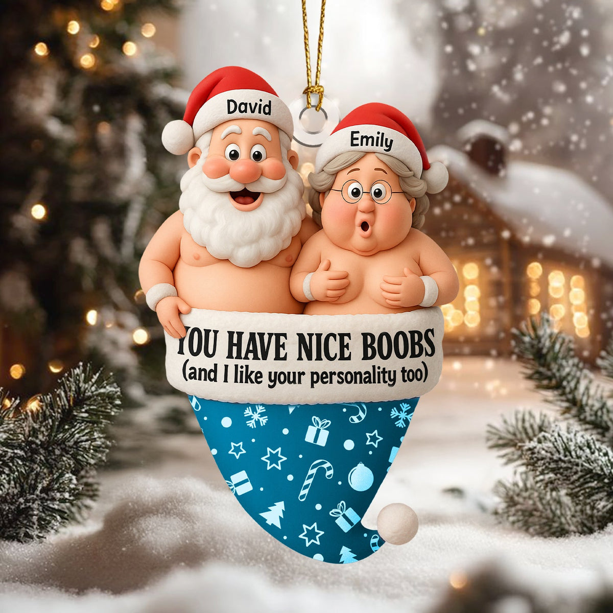Personalized Funny Couple Christmas Ornament, Custom Name Santa And Wife Ornament, You Have Nice Boobs Humor Gift For Couple