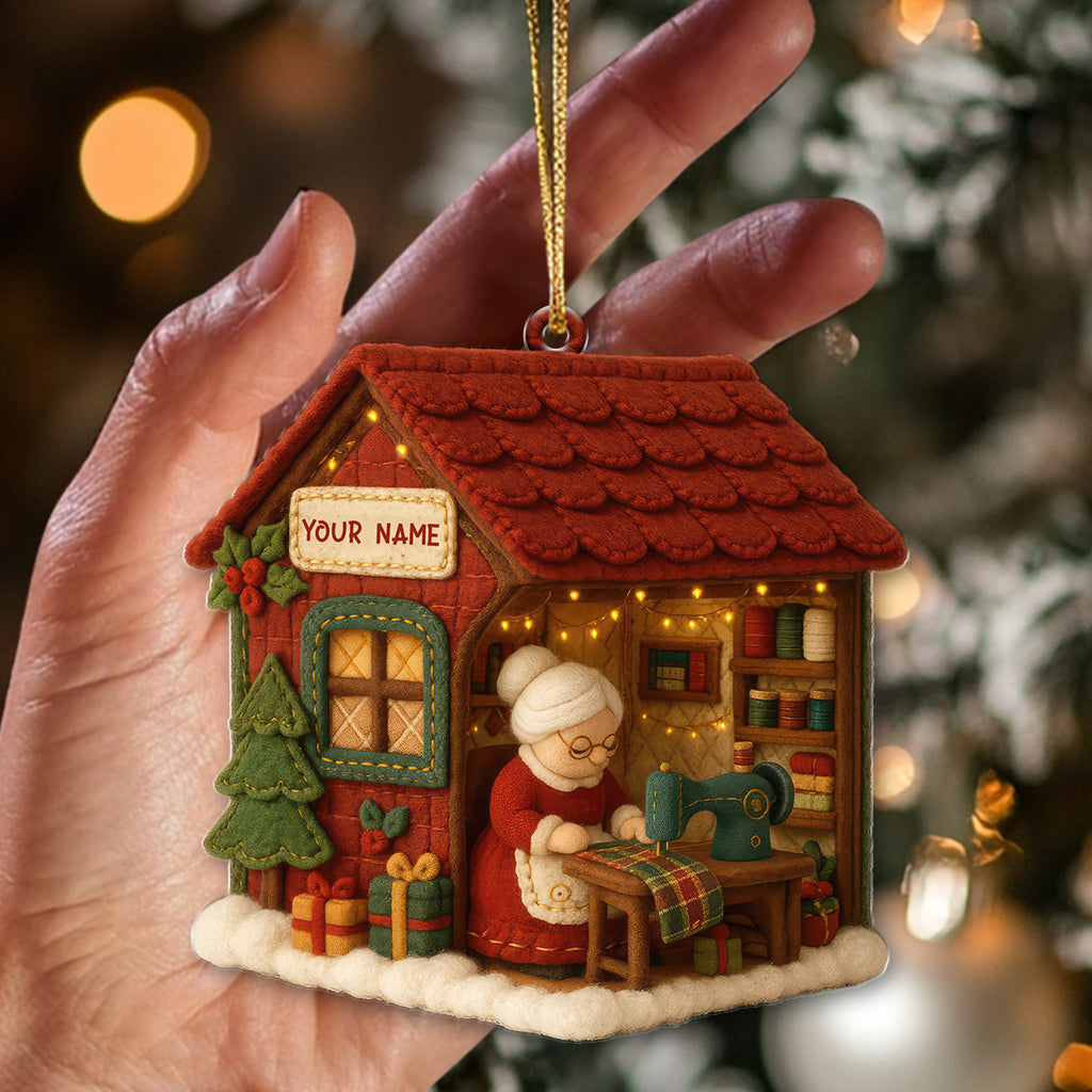 Grandma Sewing Christmas House Ornament, Cozy Handmade Workshop Holiday Decor, Personalized Xmas Gift for Quilters