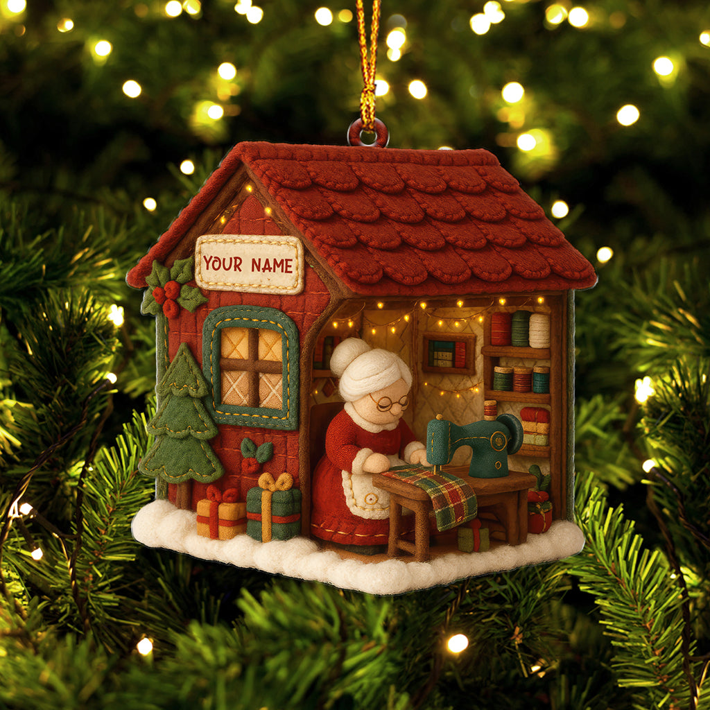 Grandma Sewing Christmas House Ornament, Cozy Handmade Workshop Holiday Decor, Personalized Xmas Gift for Quilters
