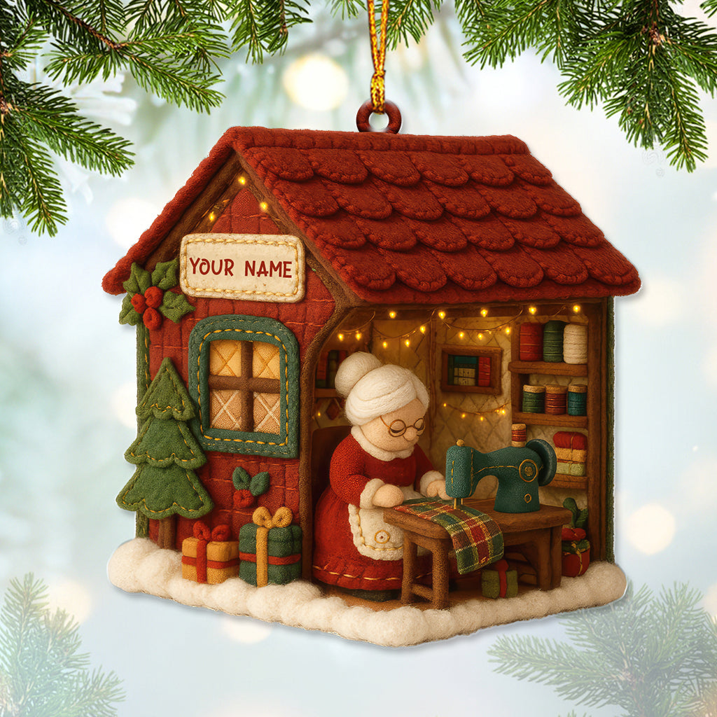 Grandma Sewing Christmas House Ornament, Cozy Handmade Workshop Holiday Decor, Personalized Xmas Gift for Quilters